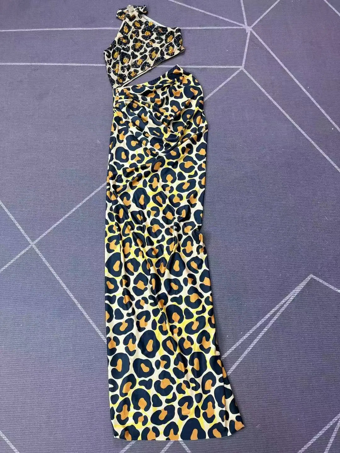 Leopard Print Rhinestones High Split Bodycon Dress Evening Party Stage Performance Outfit
