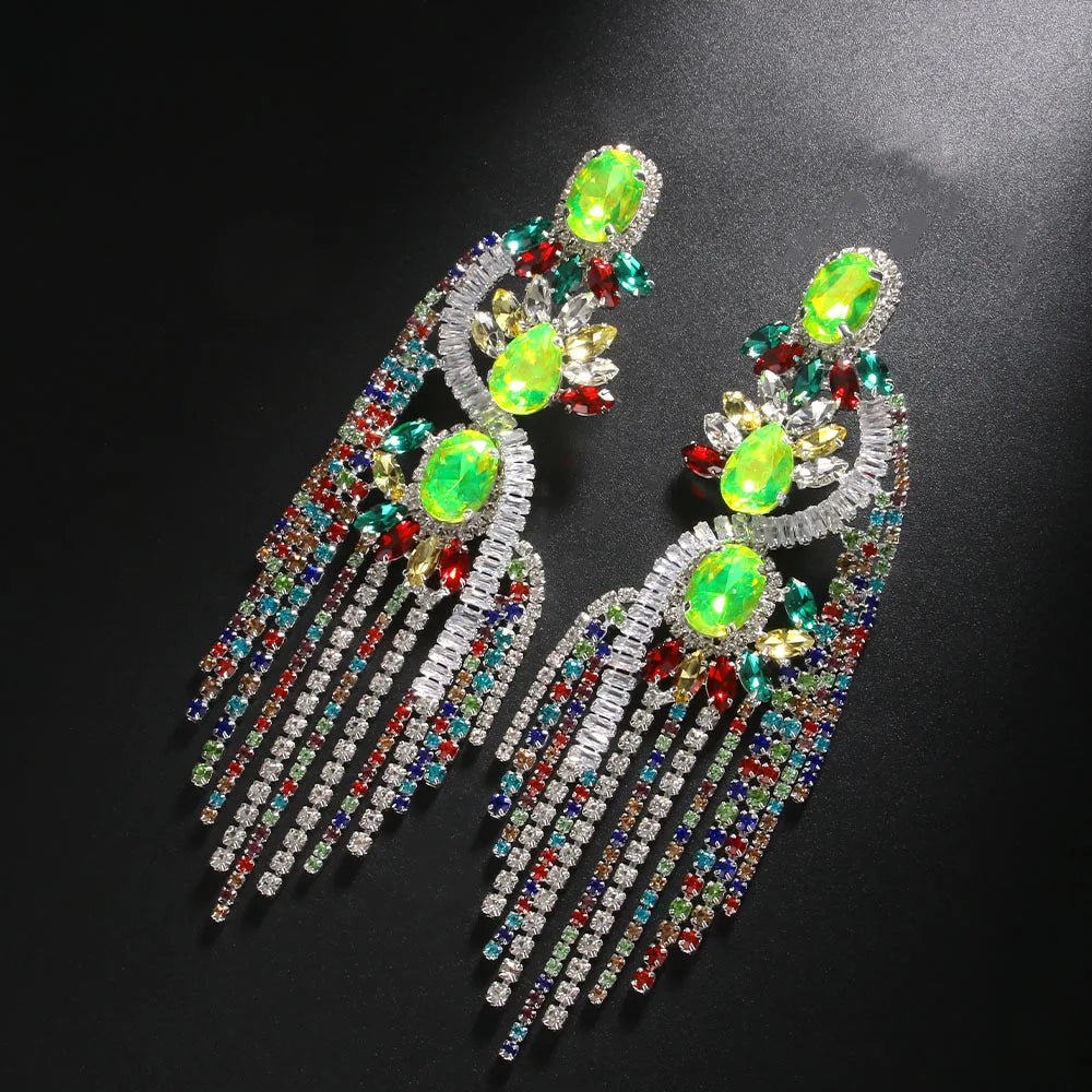 Colorful Rhinestone Tassel Statement Earrings