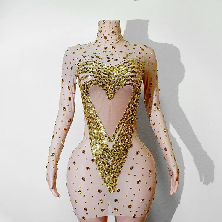 Crystal Rhinestone Mesh Long Sleeve Vintage Inspired Dress with Sequins and Skirt