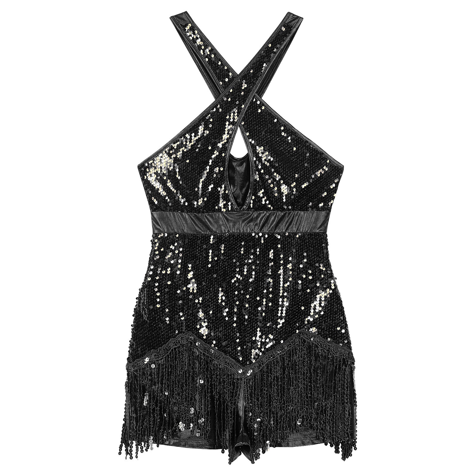 Sequined Fringe Cross-Front Latin Dance Leotard Costume Dress