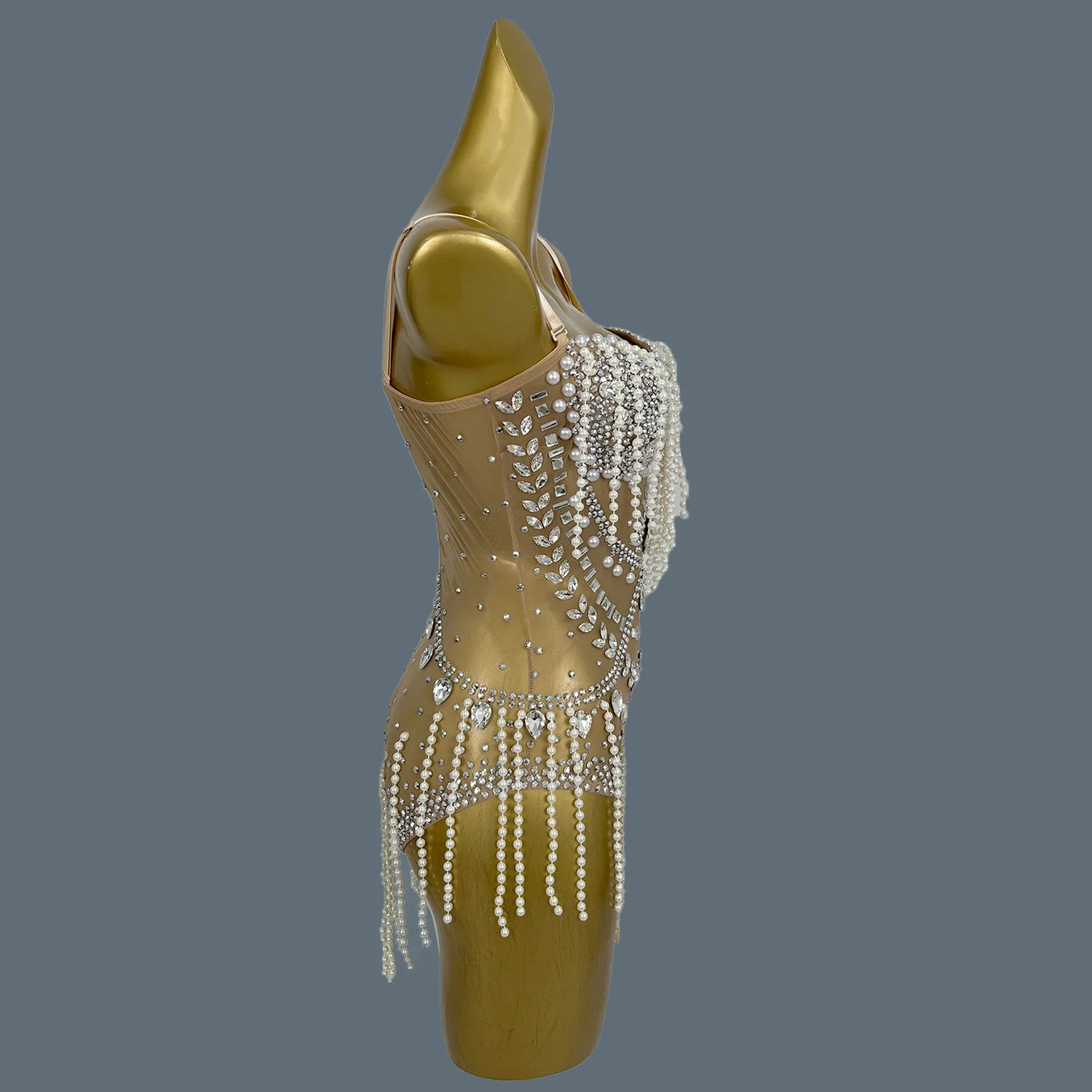 Nude Sheer Mesh Rhinestone Pearl Tassel Bodysuit Stage Performance Leotard