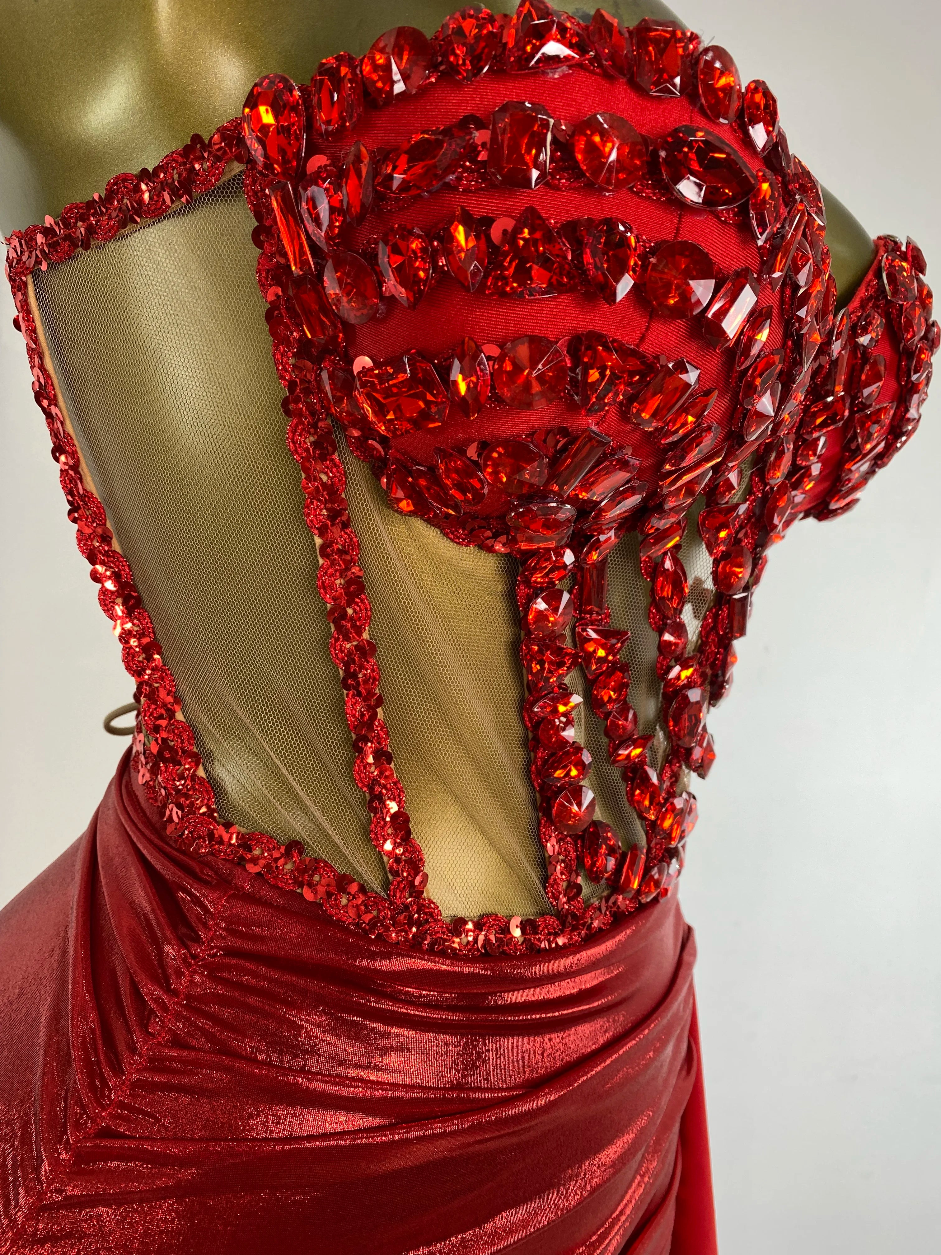 Rhinestone Tube Bustier Corset Top & Bronzing Mini Skirt 2-Piece Performance Set