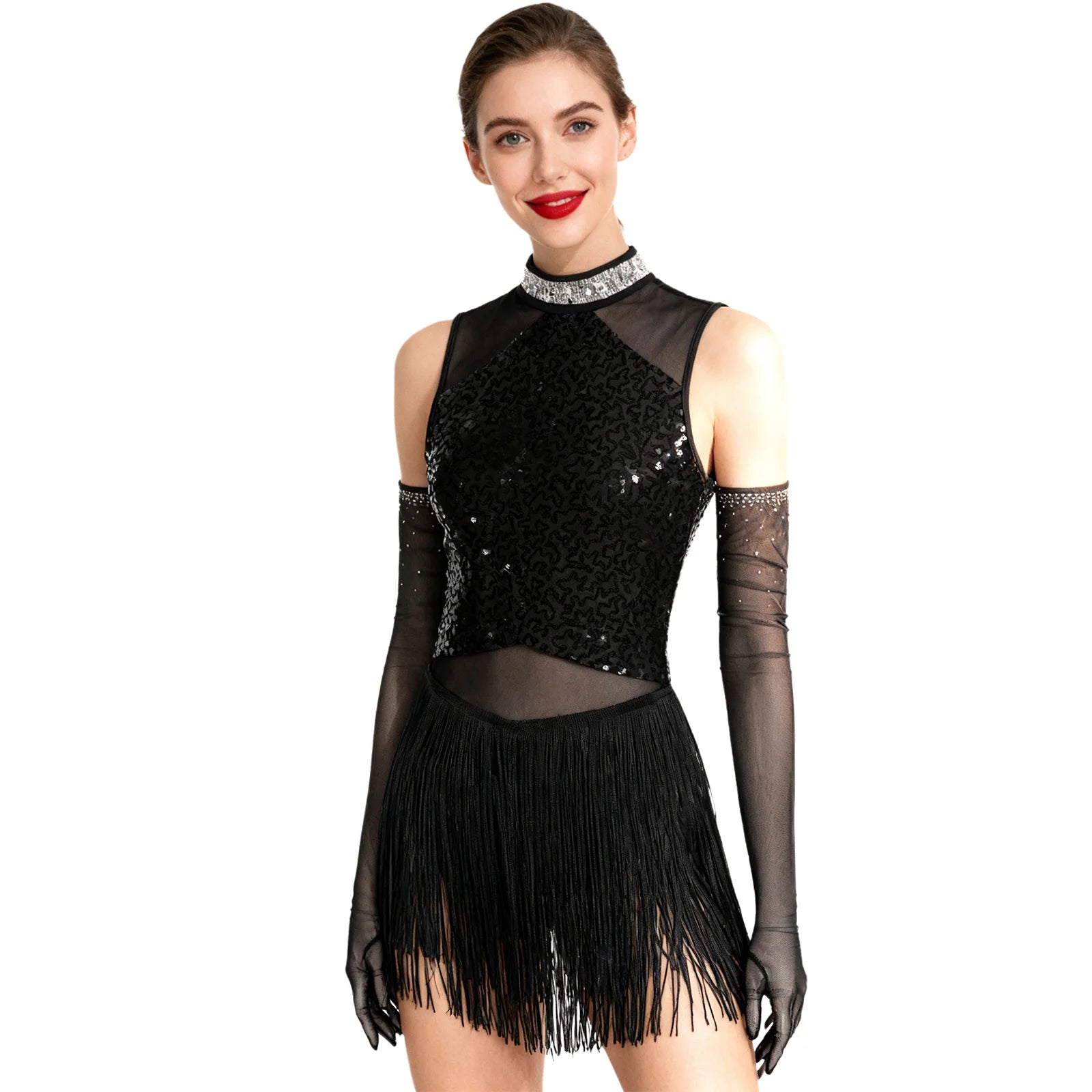 Sparkly Sequin & Fringe Dance Dress with Gloves Latin Stage Performance Costume