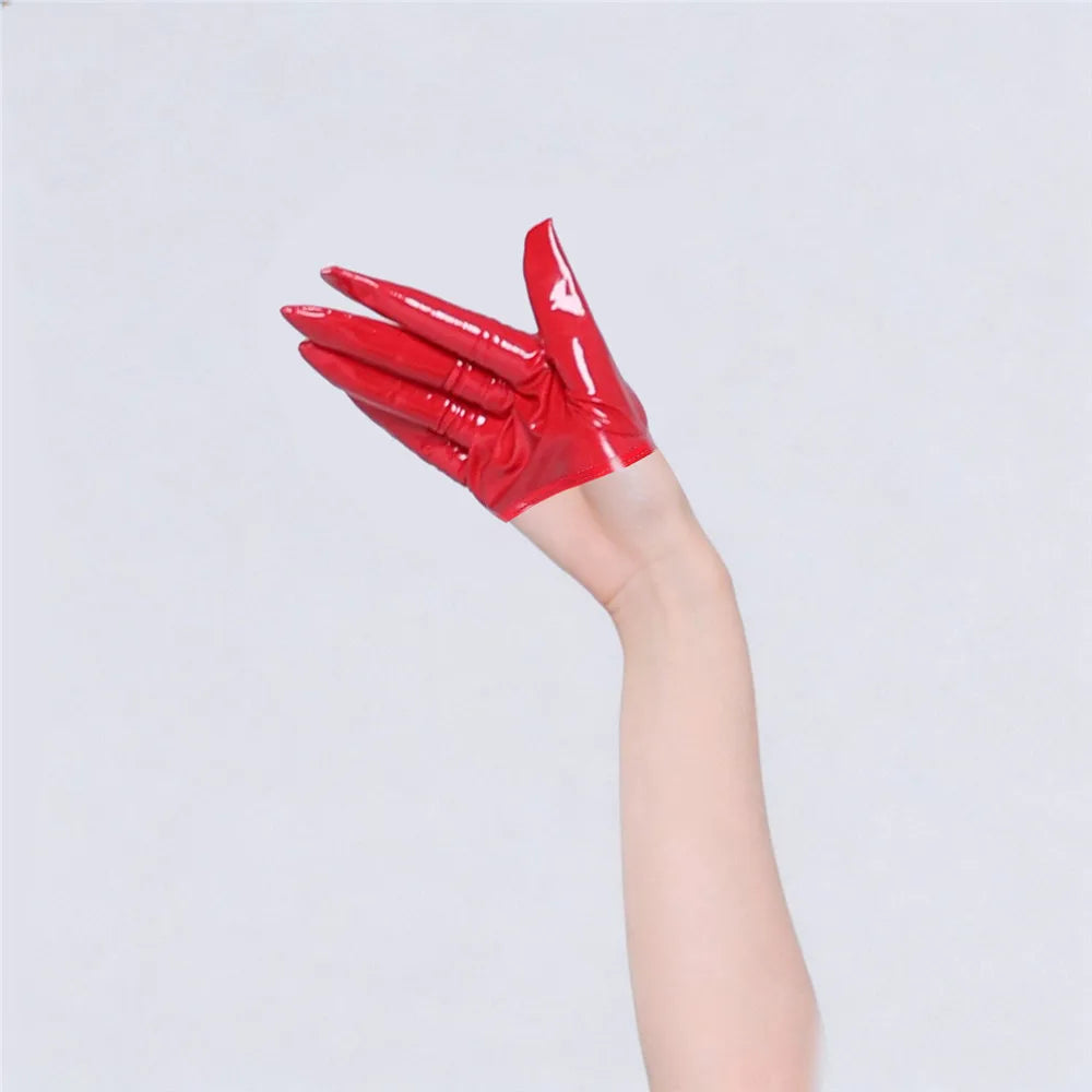 Glossy PU Faux Leather Fingerless Half Gloves High-Stretch Dance & Cosplay Gloves