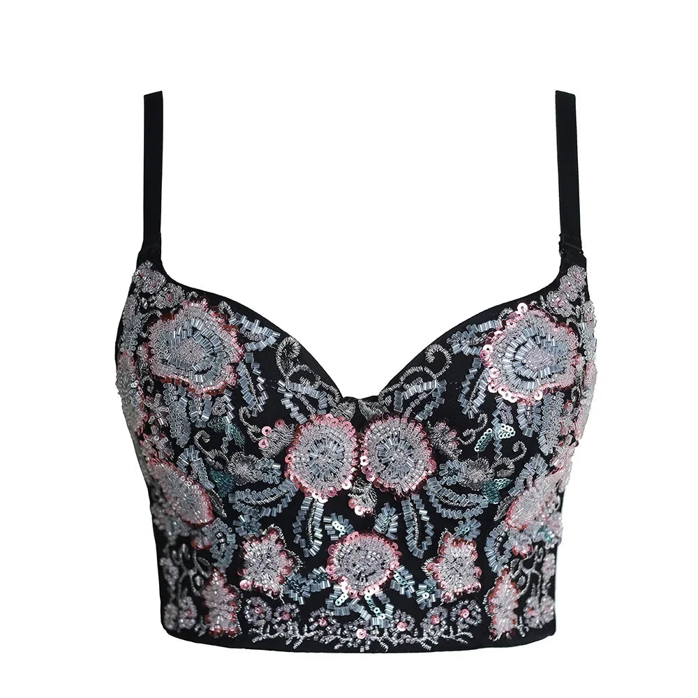 Sparkly Diamond Rhinestone Corset Top Showgirl Stage Performance Push-Up Bustier