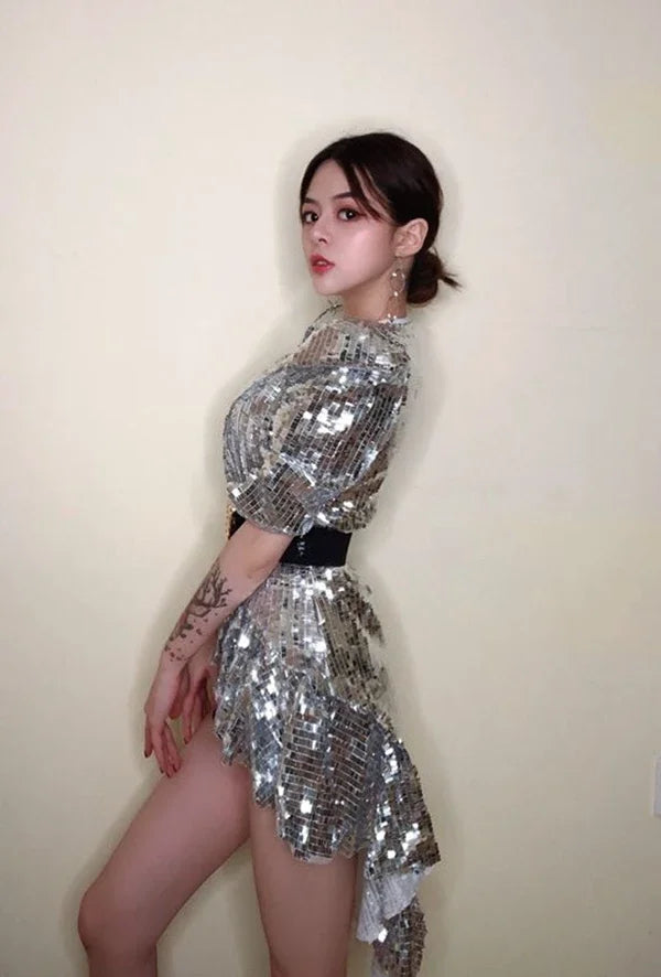 Sequined Shoulder Pad Tuxedo Leotard & Stage Performance Costume