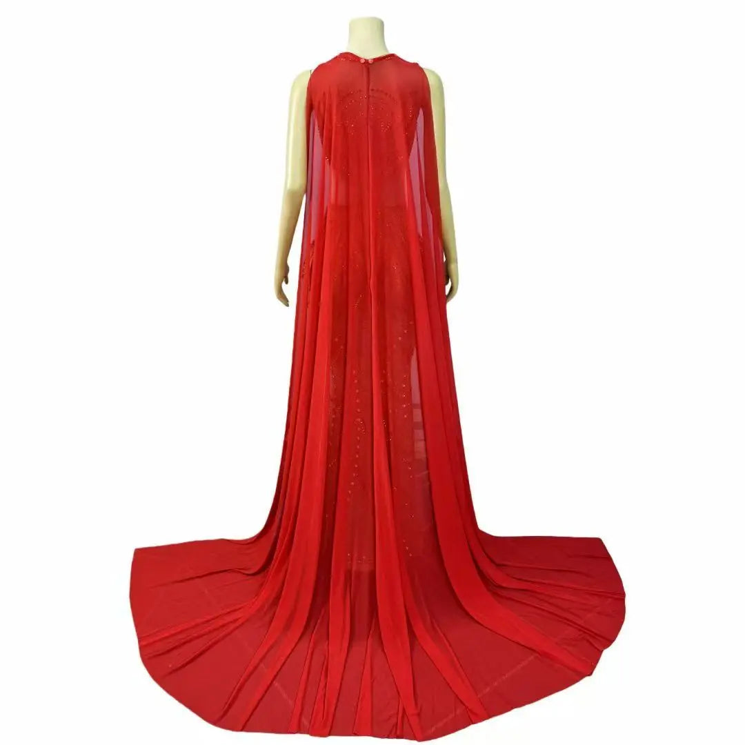 Women's Rhinestone Mesh Cloak Gown | Elegant Shining Stage Dress for Red Carpet, Prom & Birthday