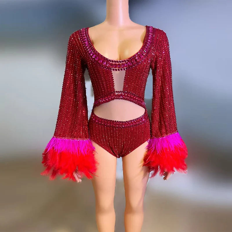 Red Hollow-Out Rhinestone Bodysuit & Feather Trim Stage Performance Costume