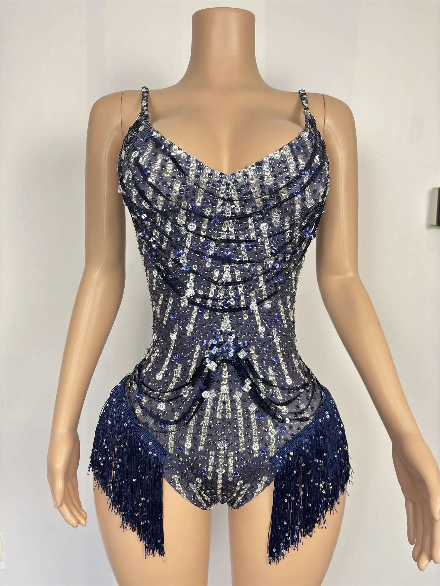 Sparkly Rhinestone Tassel Fringe Dance Leotard Nightclub Stage Performance Bodysuit