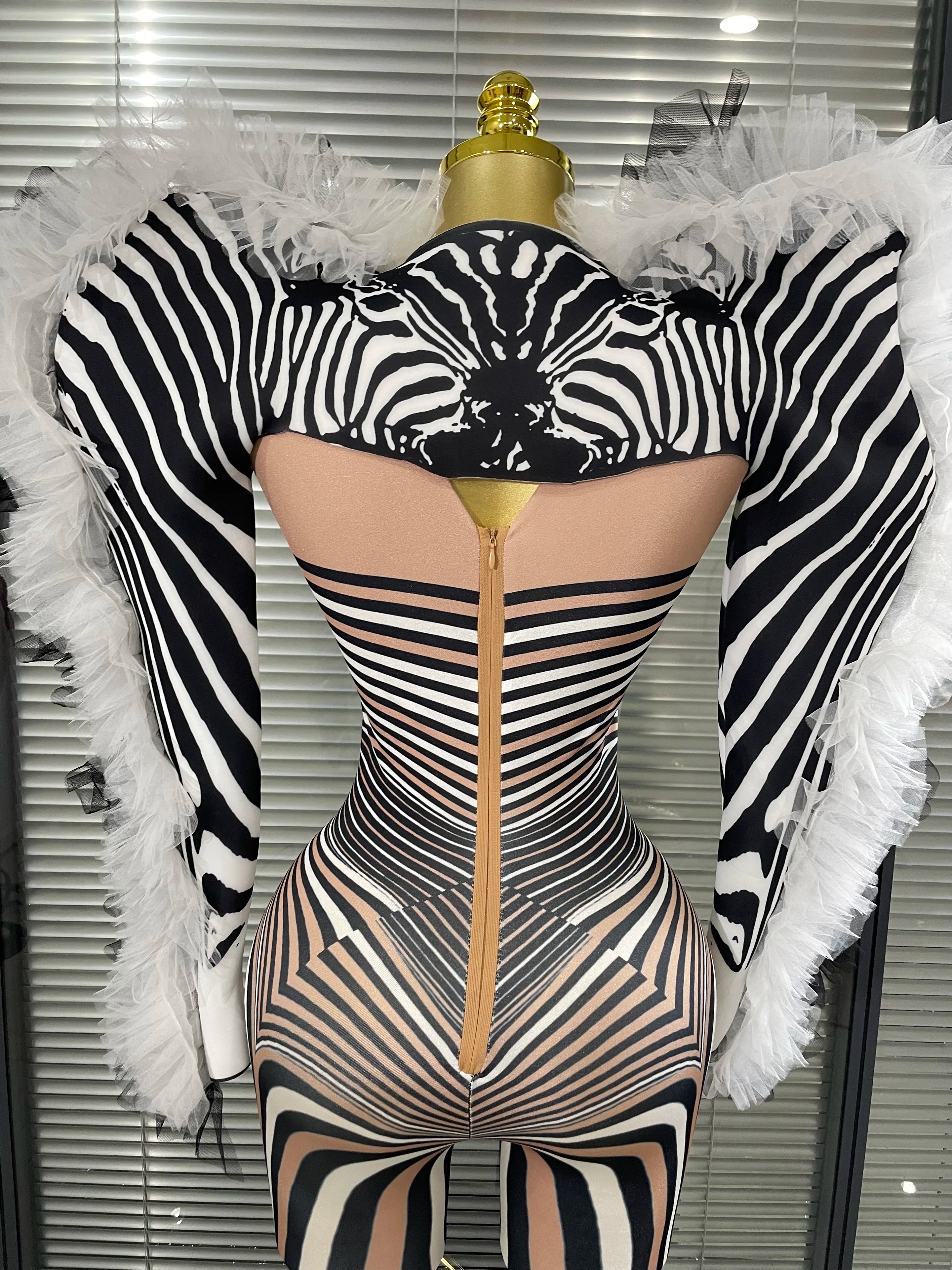 Zebra Print Illusion Catsuit & Feather Wing Bolero Jacket 2-Piece Stage Costume Set