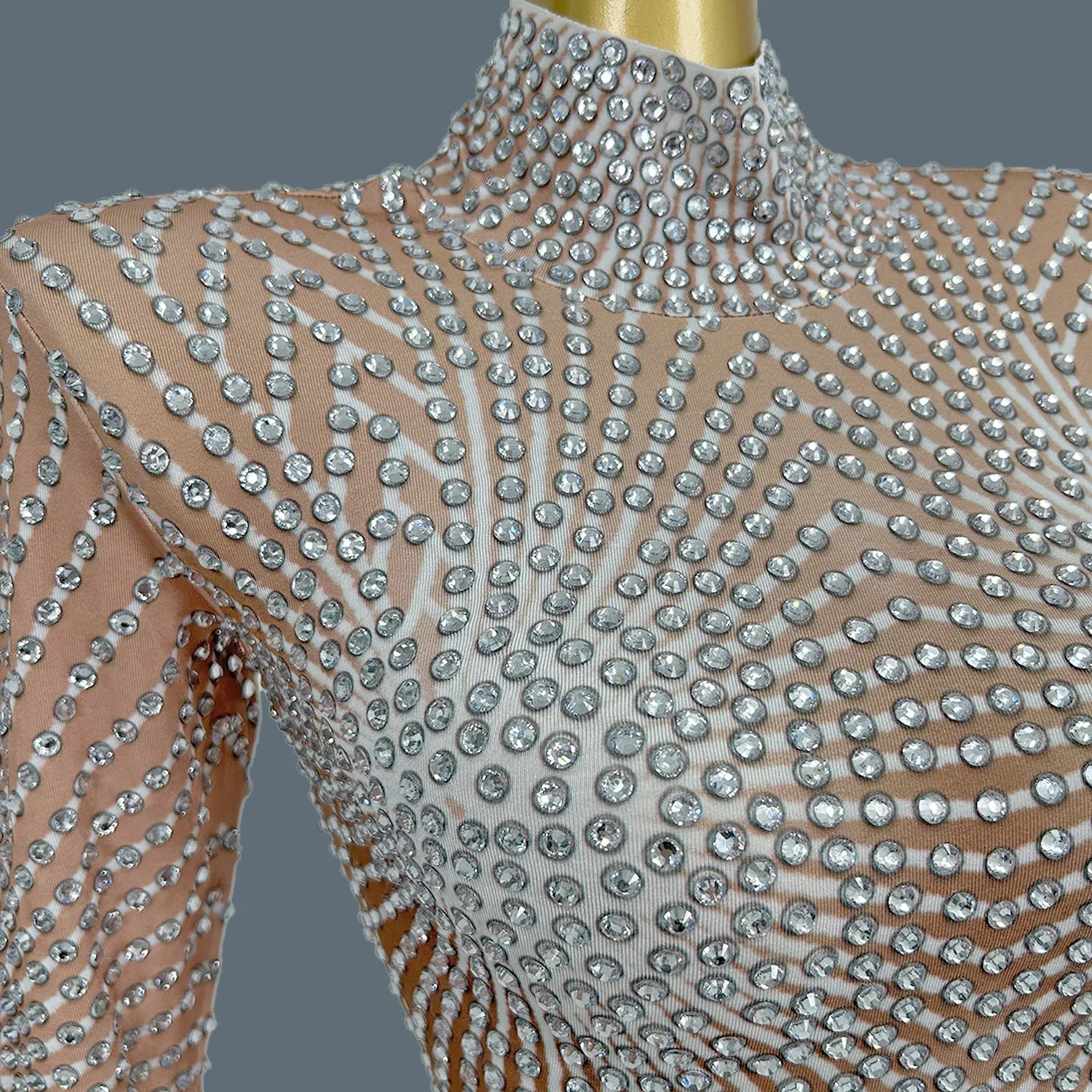 Sparkly Nude Rhinestone Dance Performance Leotard Stage Bodysuit