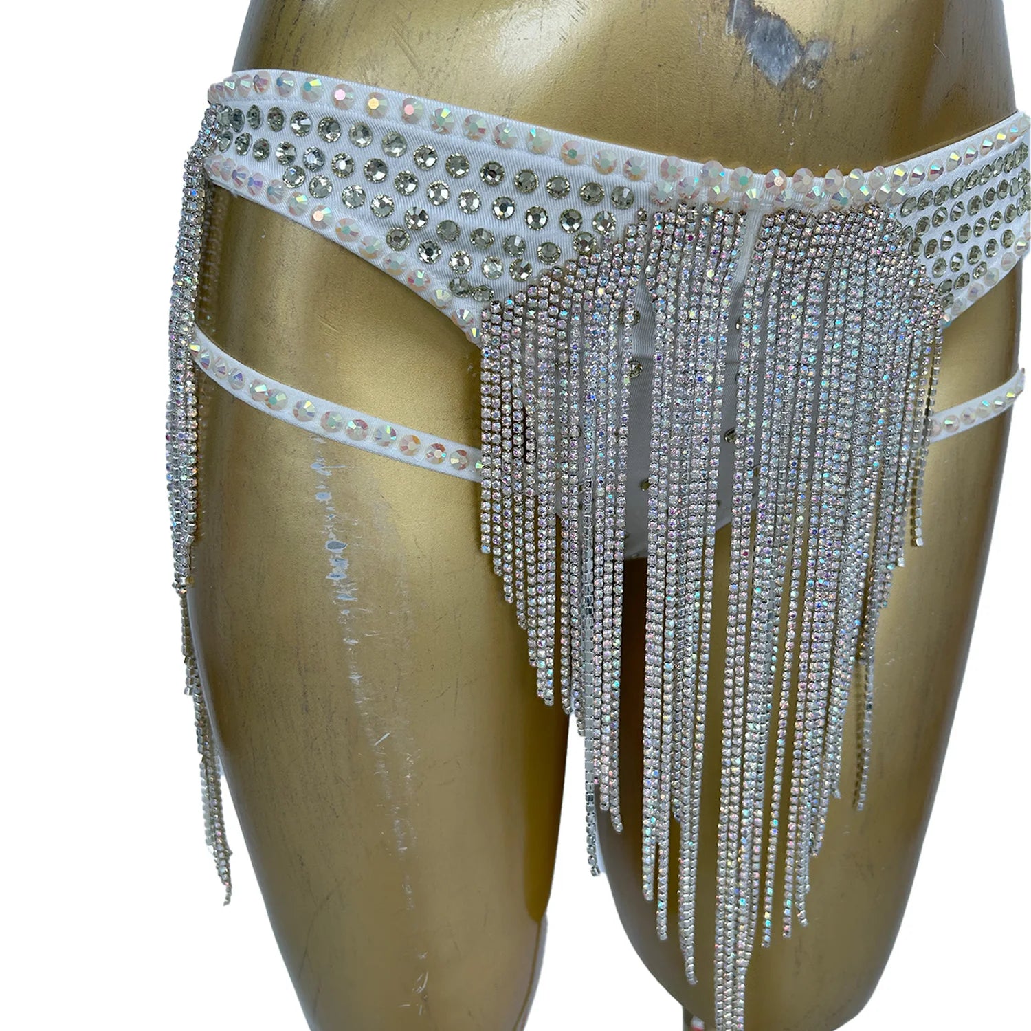 Rhinestone Tassel Bra Top & High-Waist Hollow-Out Shorts 2-Piece Costume Set