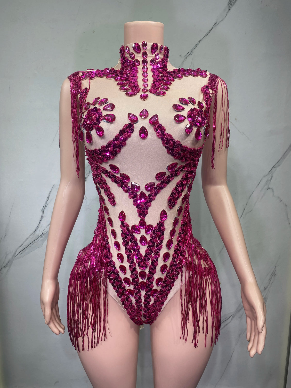 Sheer Mesh Rhinestone Performance Bodysuit for Women