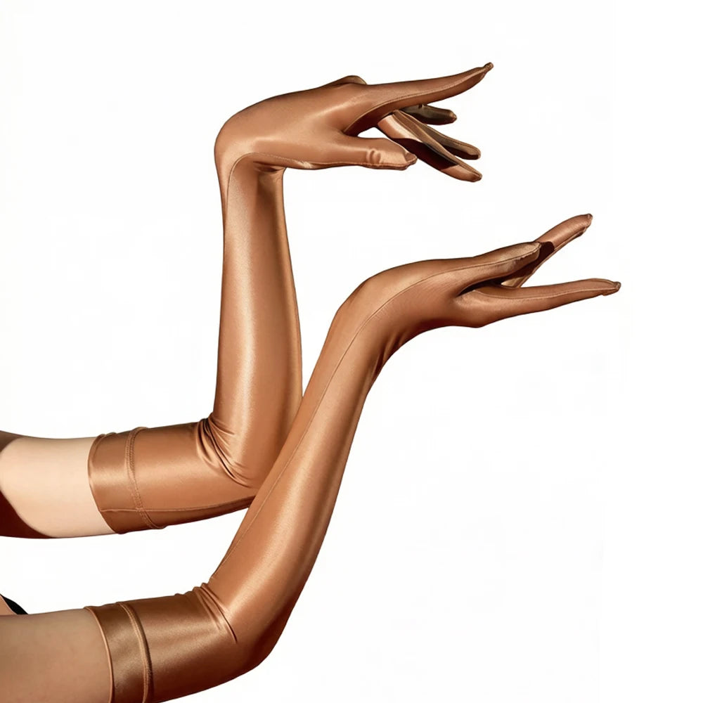 Oil Glossy Satin Smooth Five-Finger Long Elbow Gloves High-Stretch Luxury Evening Gloves