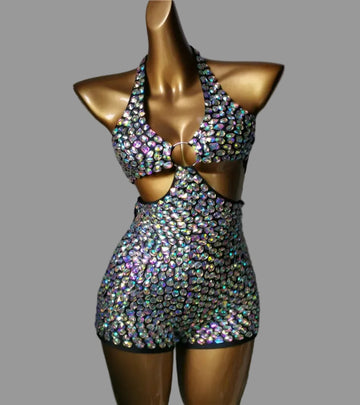 3-Piece Crystal Bra & Mesh Cover-Up Set – Luxury Rhinestone Bikini, Sling Dress & Gauze Skirt Ensemble for Festivals & Beach Clubs