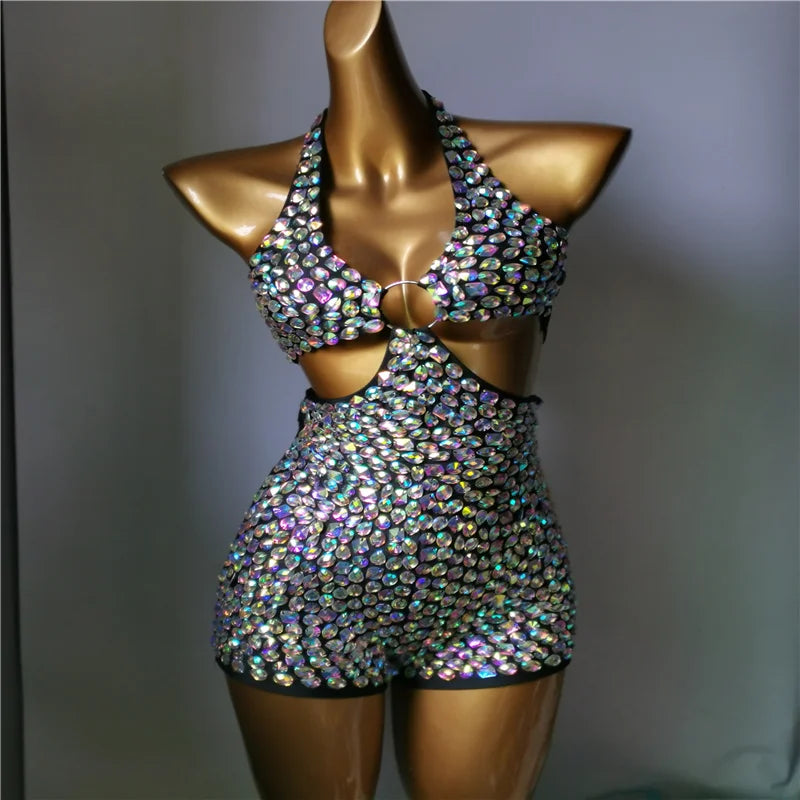 3-Piece Crystal Bra & Mesh Cover-Up Set – Luxury Rhinestone Bikini, Sling Dress & Gauze Skirt Ensemble for Festivals & Beach Clubs