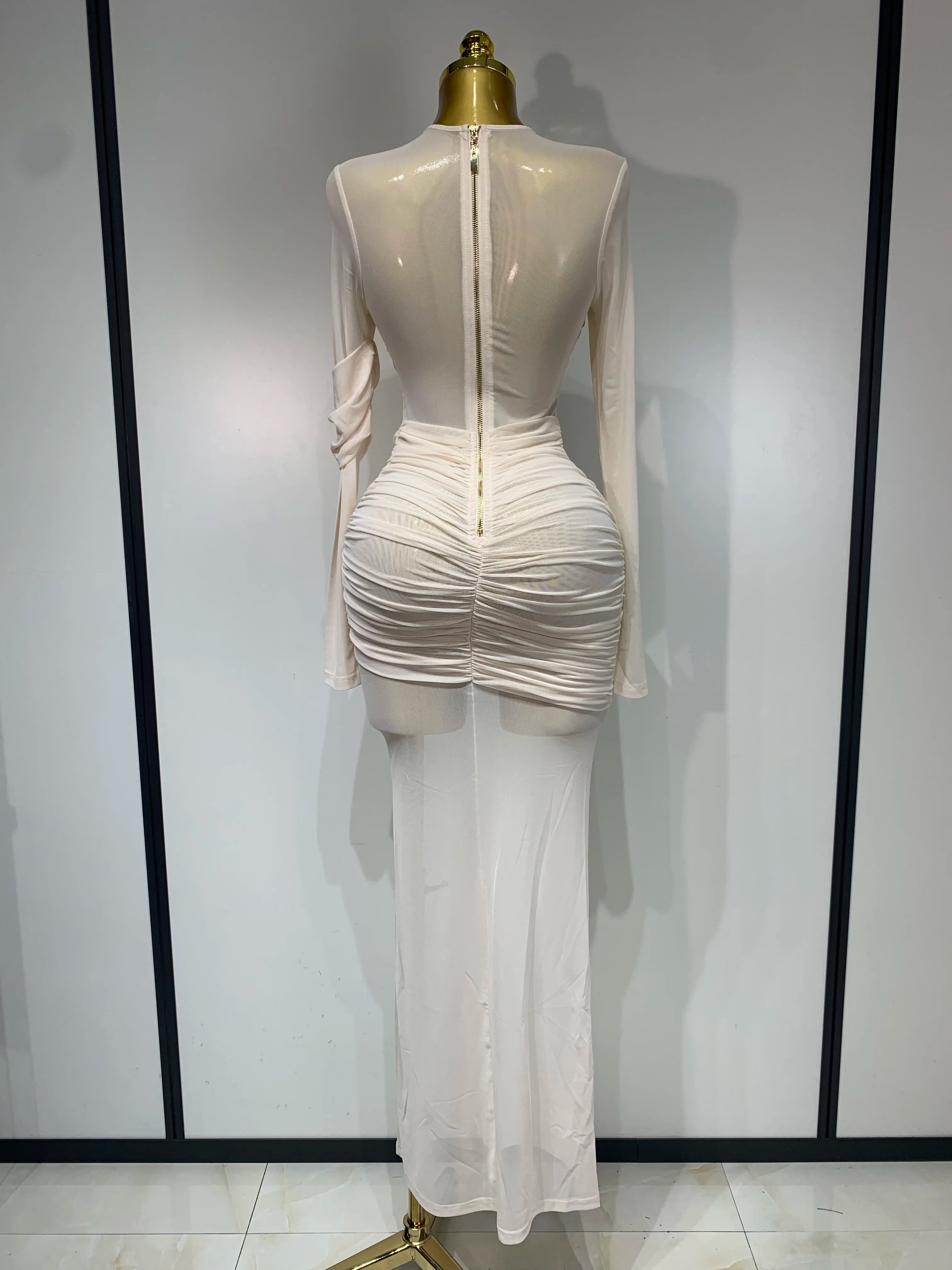 Ruched Mesh Draped Bodycon Maxi Dress Long Sleeve Illusion Evening Gown