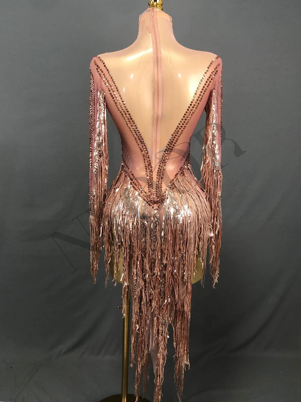 Gold Crystal Fringe Illusion Mini Dress Sparkly Rhinestone Stage Dance Costume