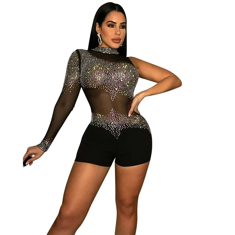 Sparkly Rhinestones Mesh Romper