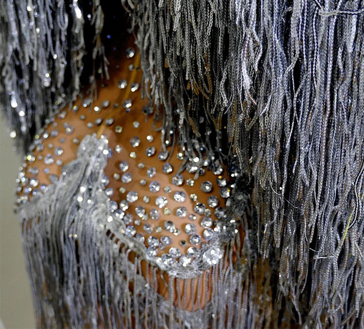 Rhinestone Tassel Fringe Jacket And Dress Costume Set