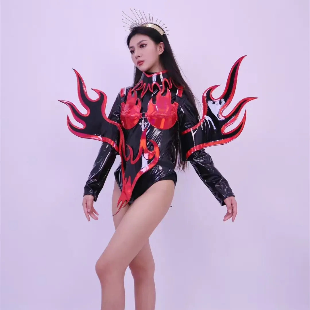 Flame Patent Leather Bodysuit & Sculpted Wing Shoulders 2-Piece Stage Costume Set