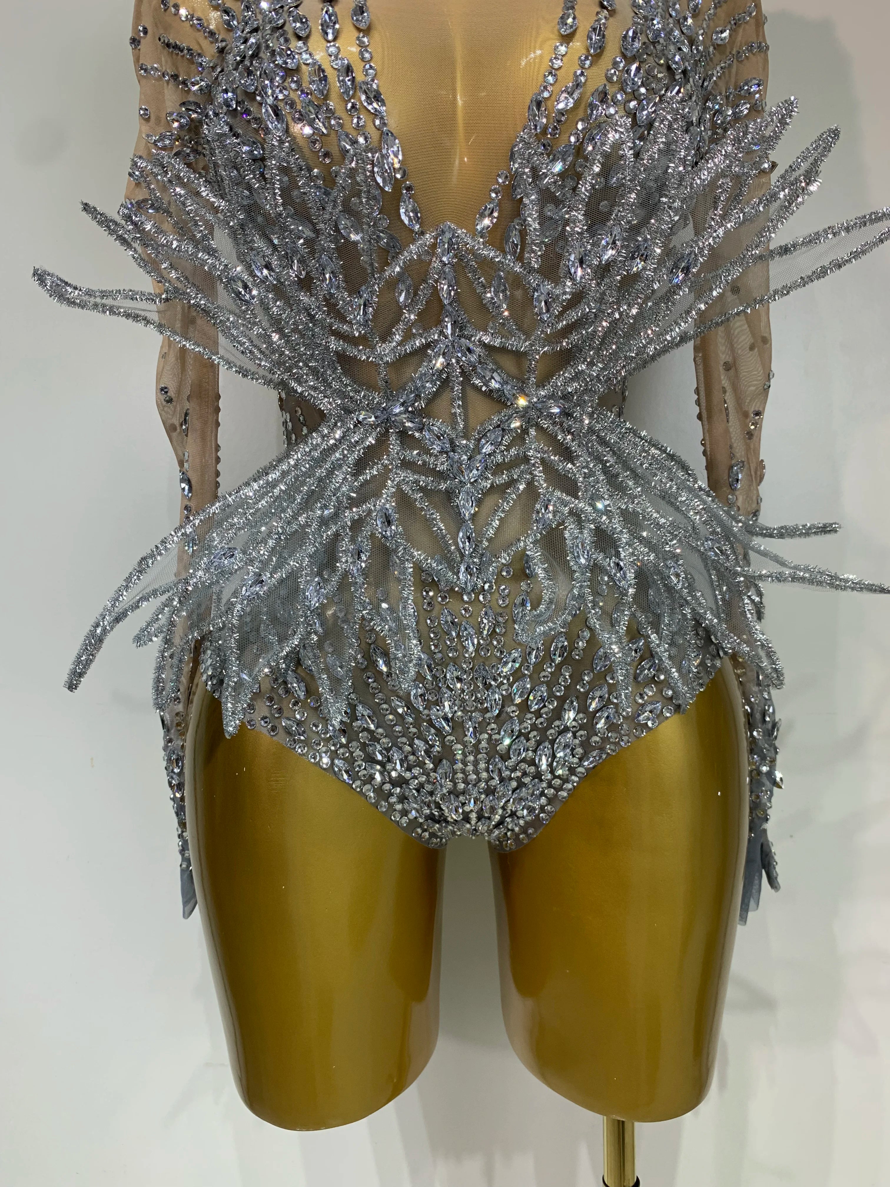 Luxury Shining Diamond See-Through Mesh Bodysuit Stage Performance Jumpsuit