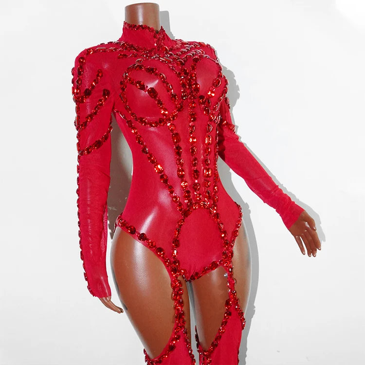 Rhinestone Mesh Jumpsuit Costume Set