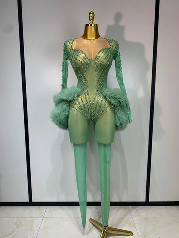 Luxury Green Diamonds Mesh See-Through Long Sleeve Jumpsuit Stage Performance Costume