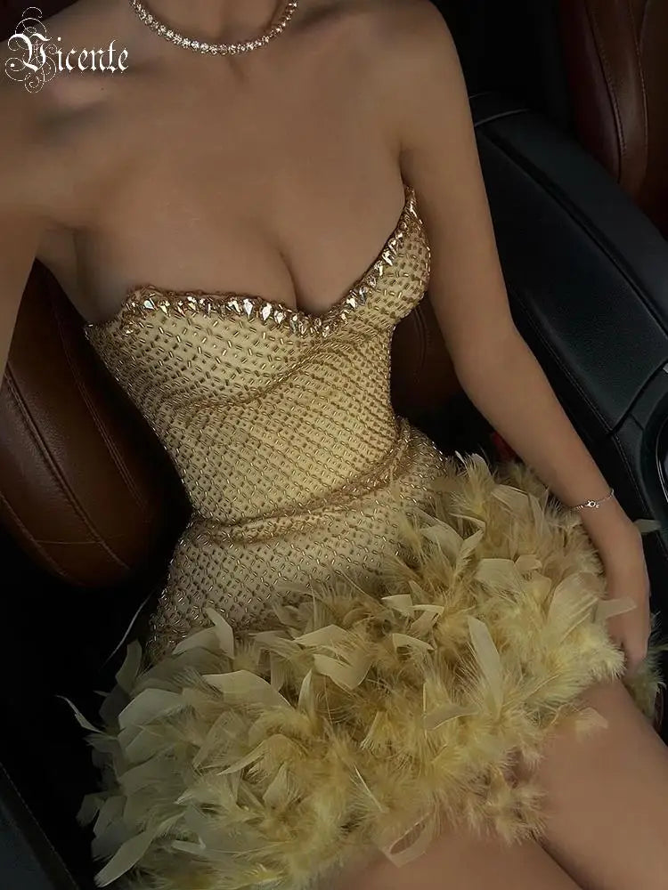 Gold Feather Trim Strapless Mini Dress