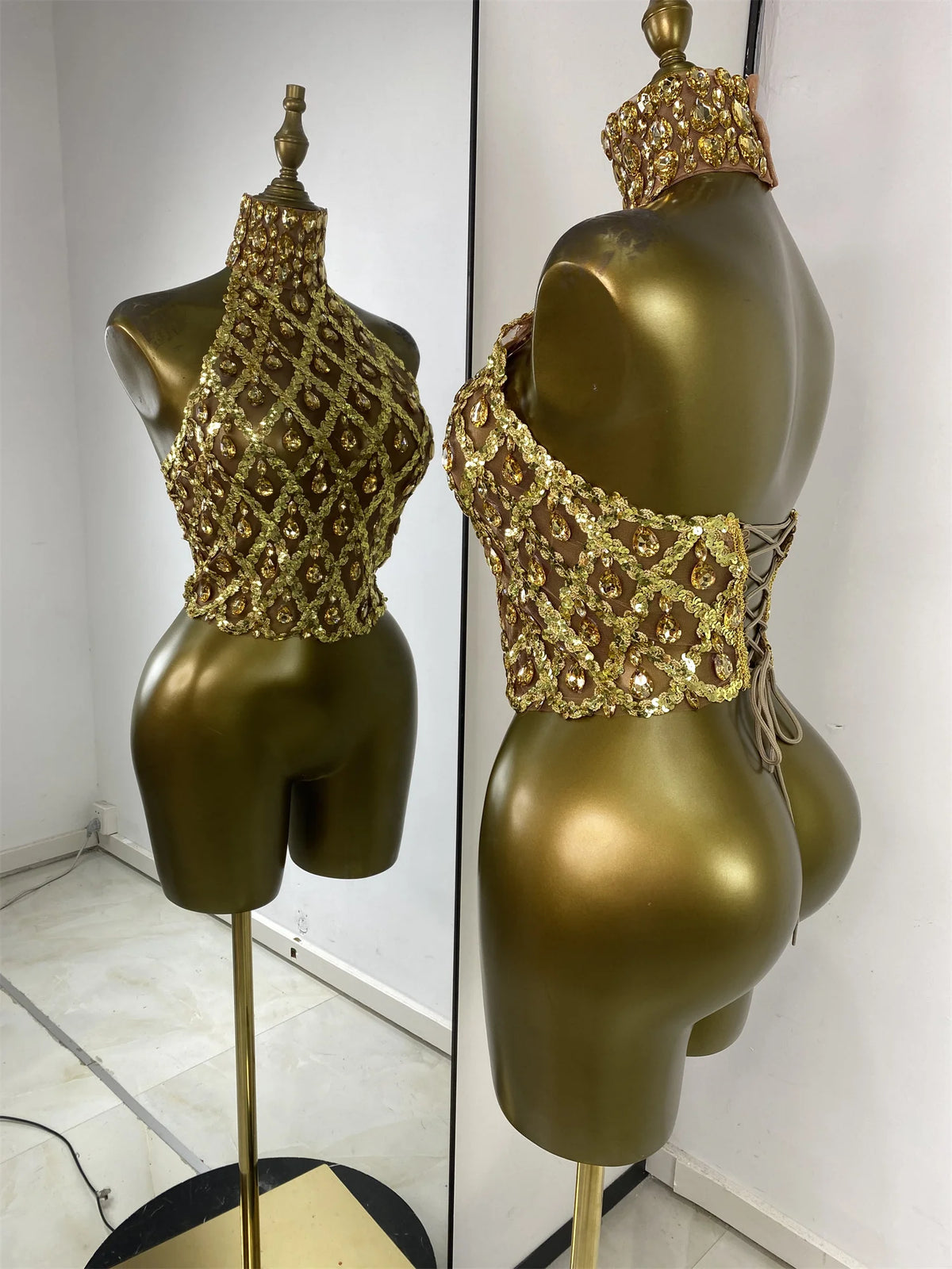 Sparkly Rhinestones Sequins Mesh Laced-Up Back Top