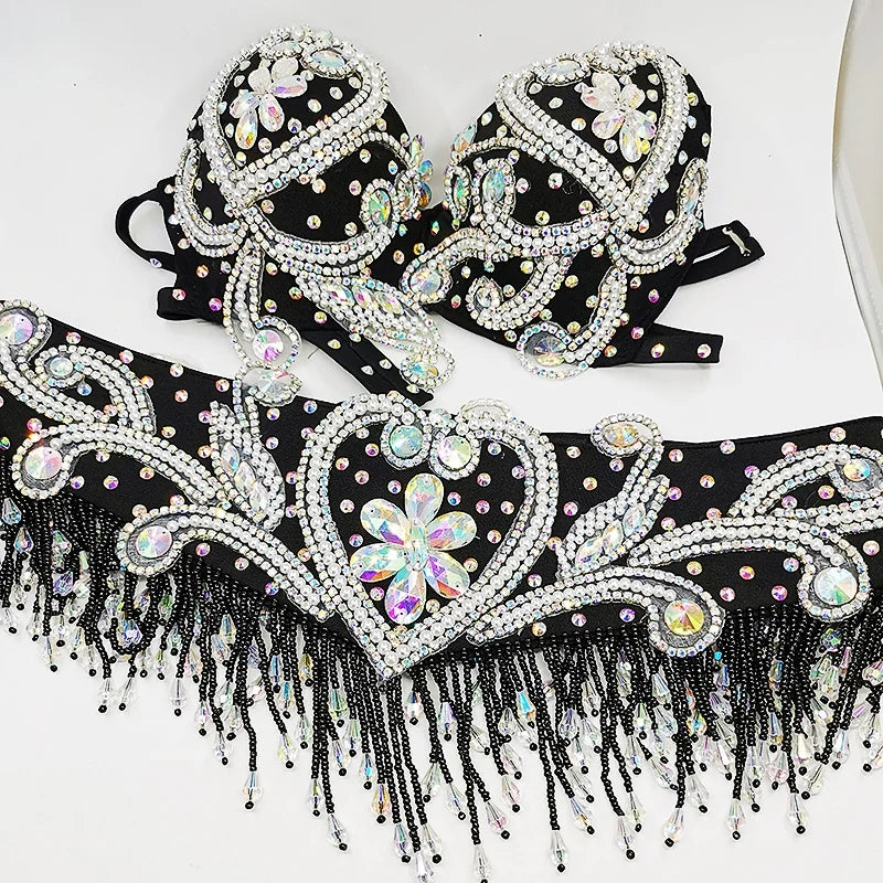 Sparkly Beaded Belly Dance Bra & Fringe Hip Belt Two-Piece Stage Costume Set