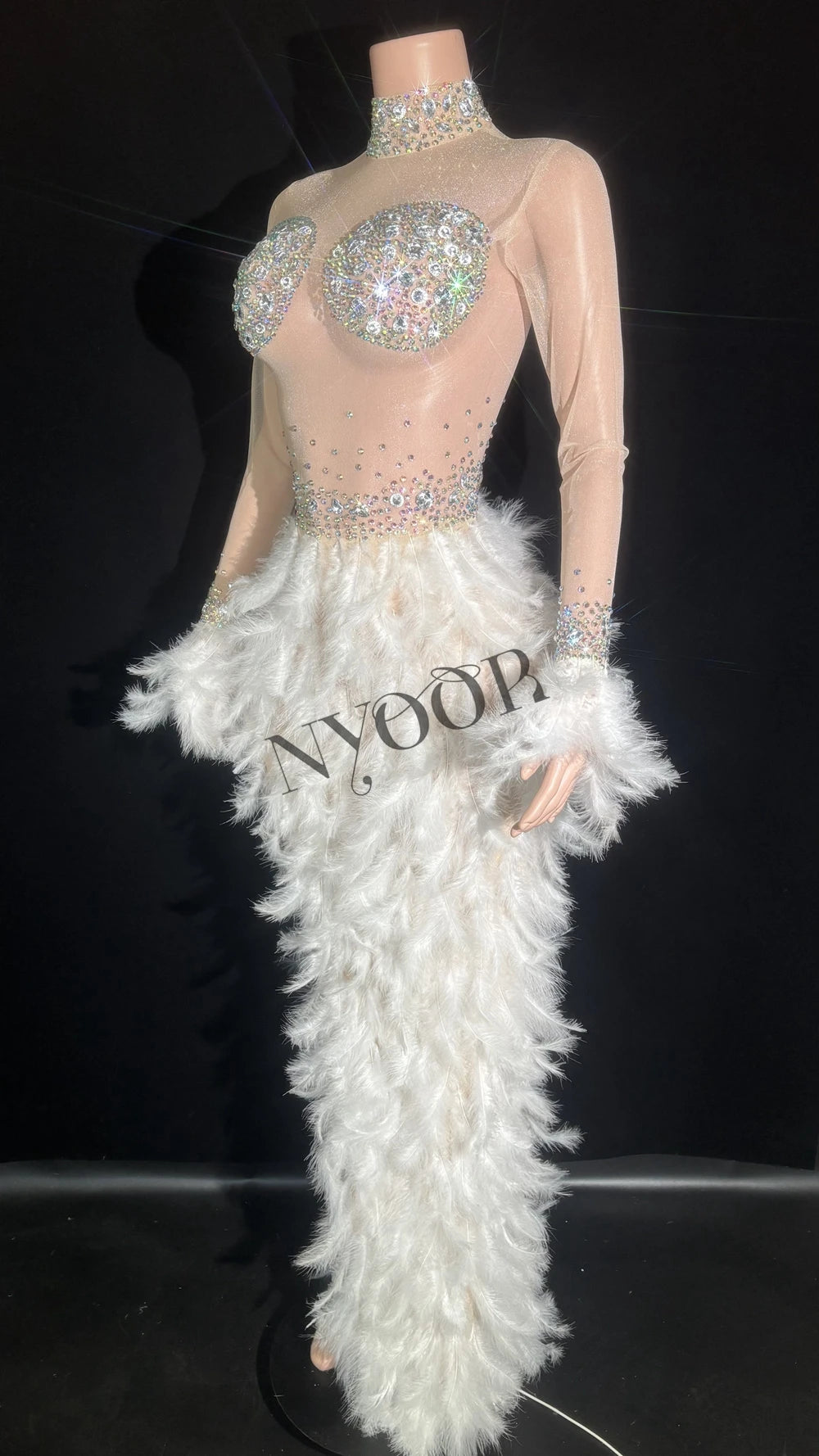 Sparkly White Rhinestone & Feather Sheer Mesh Long Evening Gown Stage Costume