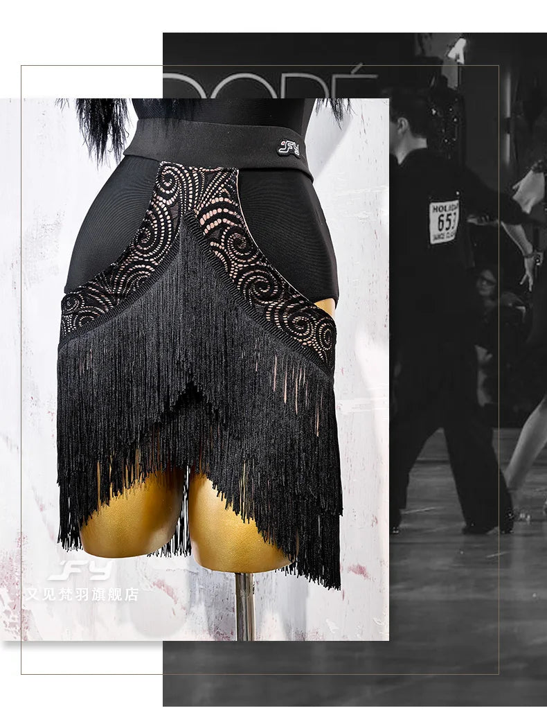 Black Fluffy Dance Leotard & Fringe Practice Skirt Latin Performance Costume Set