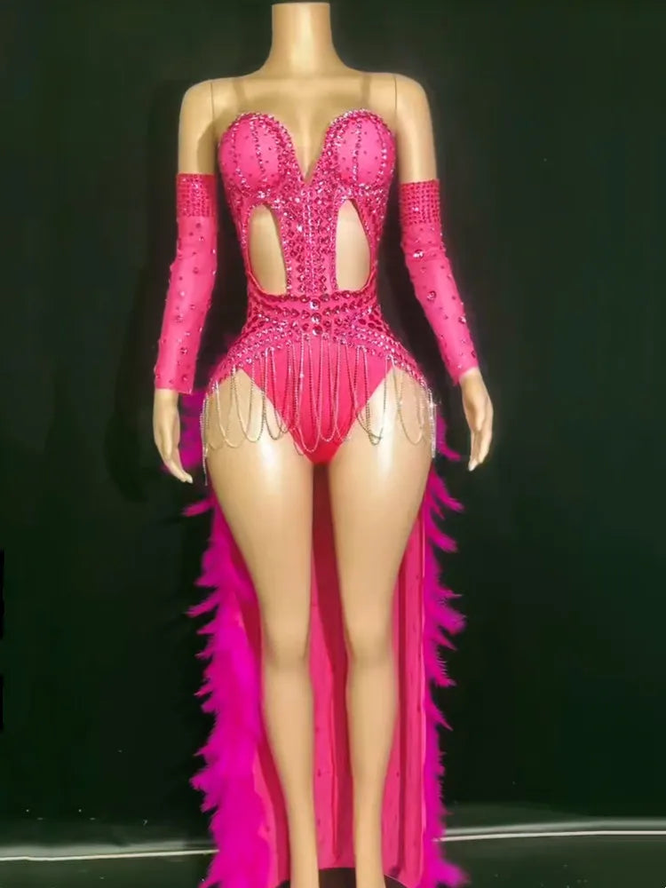 Rhinestone Chain Bodysuit with Detachable Feather Train & Sleeves 3-Piece Stage Costume Set