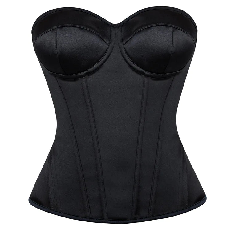 Overbust Corset Bustier Top Built-In Bra Cup Lace-Up Waist Cincher