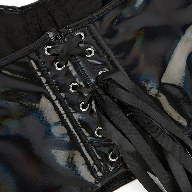 Black Shiny PU Leather Halter Corset Crop Top Push-Up Bustier Gothic Bra