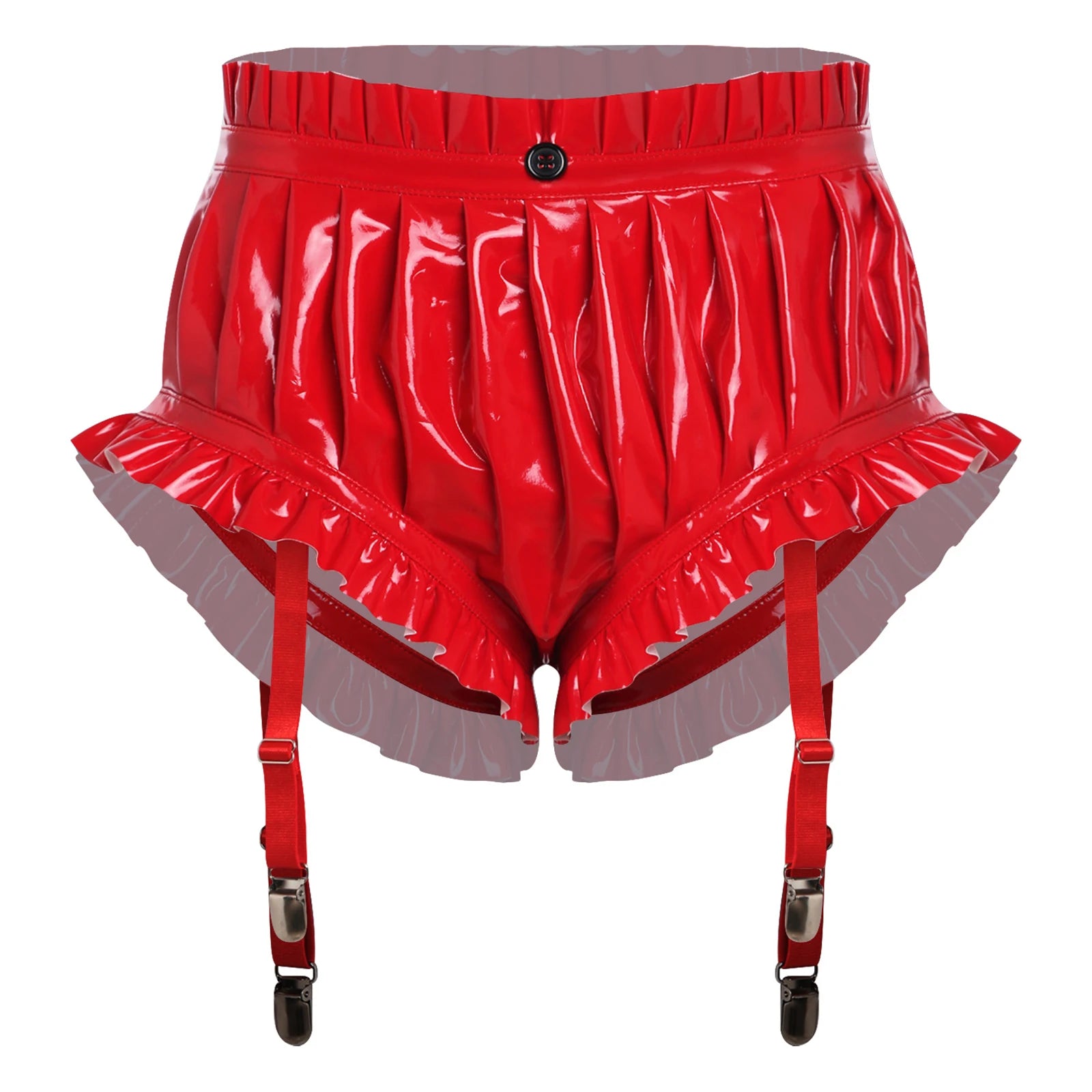 Wet-Look PU Leather Ruffled Bloomer Shorts Attached Garter Clips Briefs