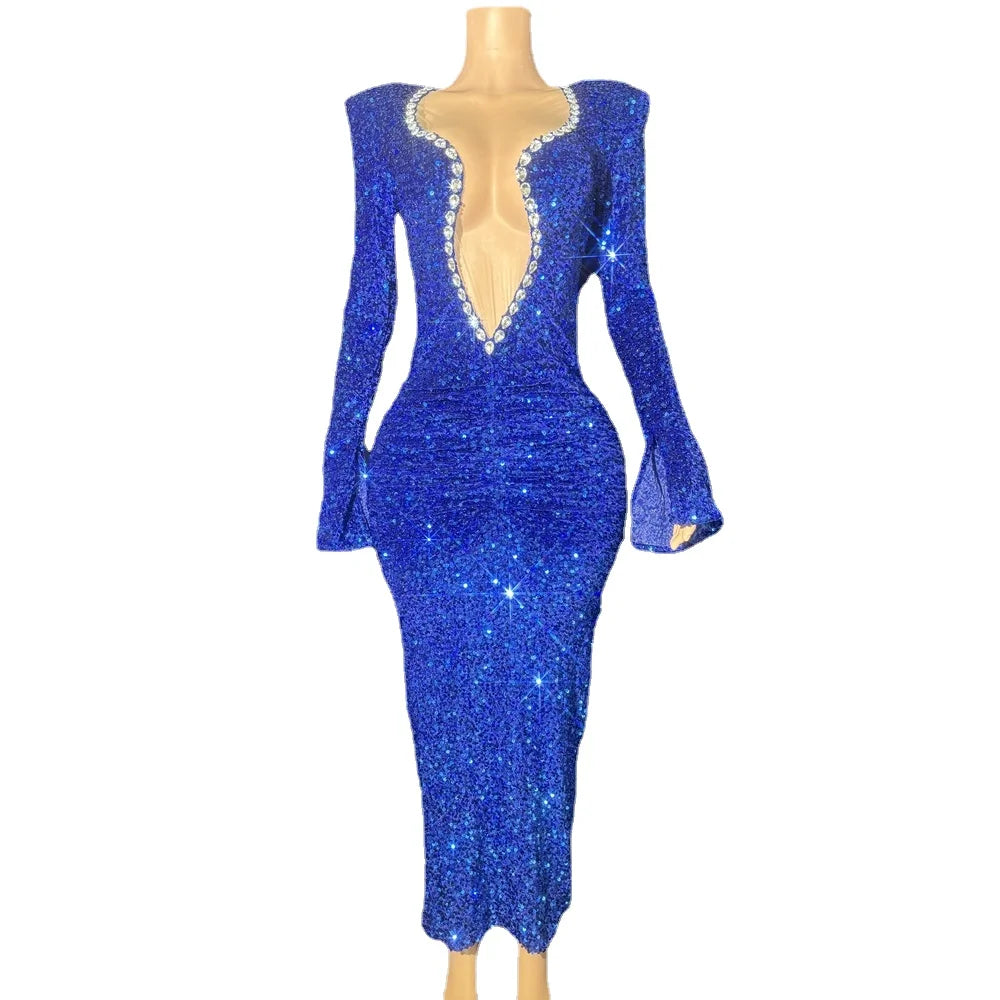 Sparkly Rhinestone Deep V-Neck Sheer Evening Gown Stage Performance Costume