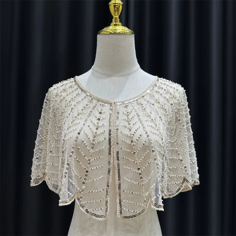 Sparkly Sequin & Beaded Leaf Mesh Capelet Evening Shawl Bolero Jacket