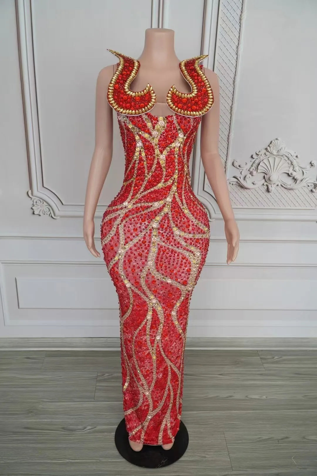 Women's Crystal Diamond Slit Sheath Dress | Luxury Stage & Singer Performance Gown in Black & Red