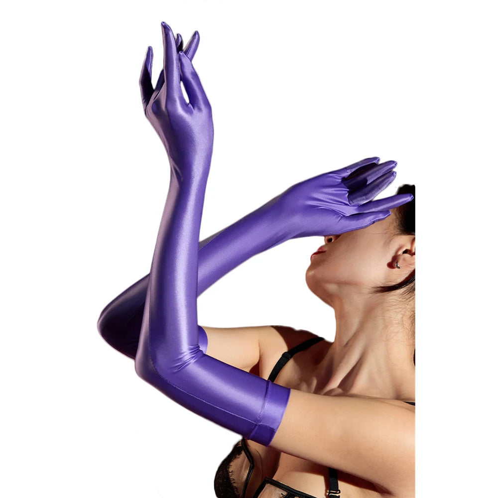 Oil Glossy Satin Smooth Five-Finger Long Elbow Gloves High-Stretch Luxury Evening Gloves