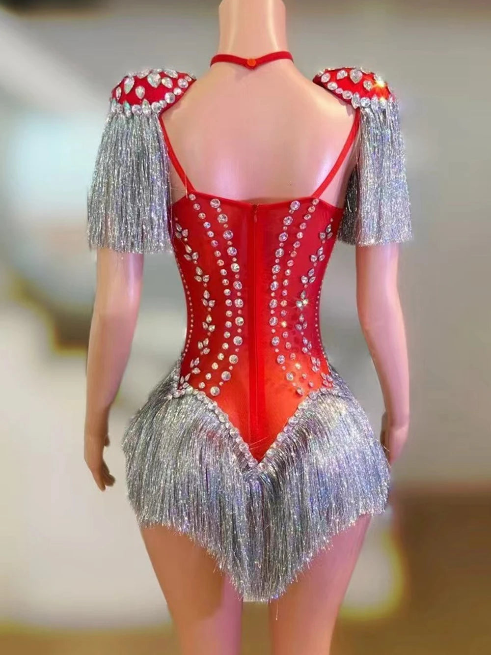 Sparkly Red Rhinestone & Tassel Sleeveless Bodysuit Dance Stage Costume