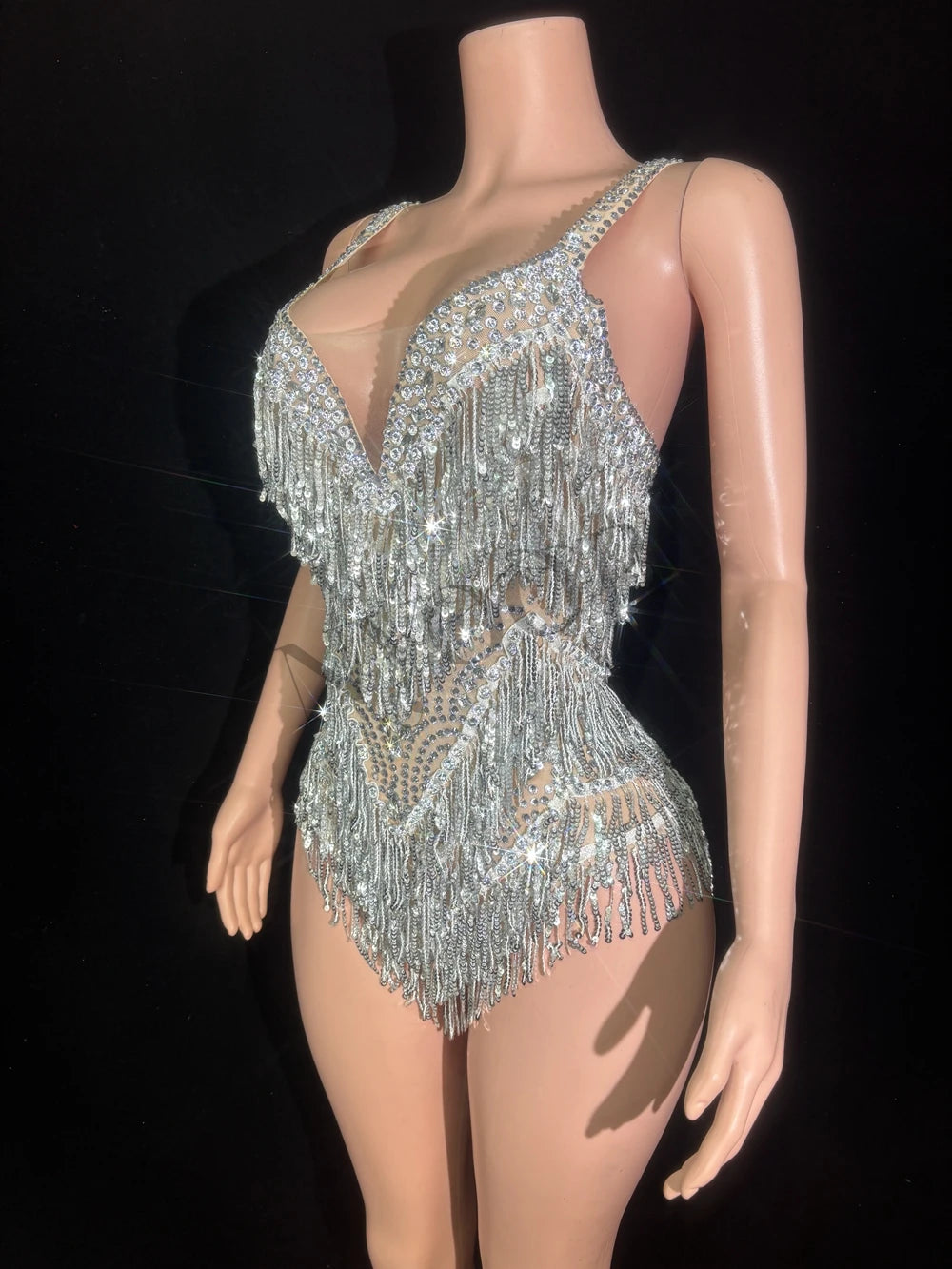 The Stardust Illusion Tassel Bodysuit – Luxury Rhinestone Long-Sleeve Showgirl Costume