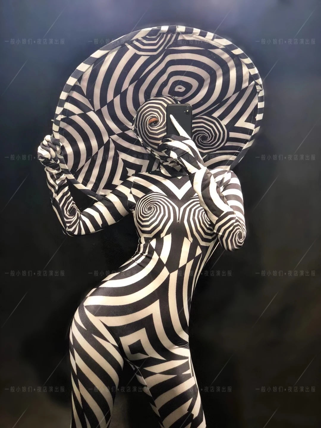 Zebra Stripe Catsuit & Oversized Wide-Brim Sun Hat Stage Performance Costume Set