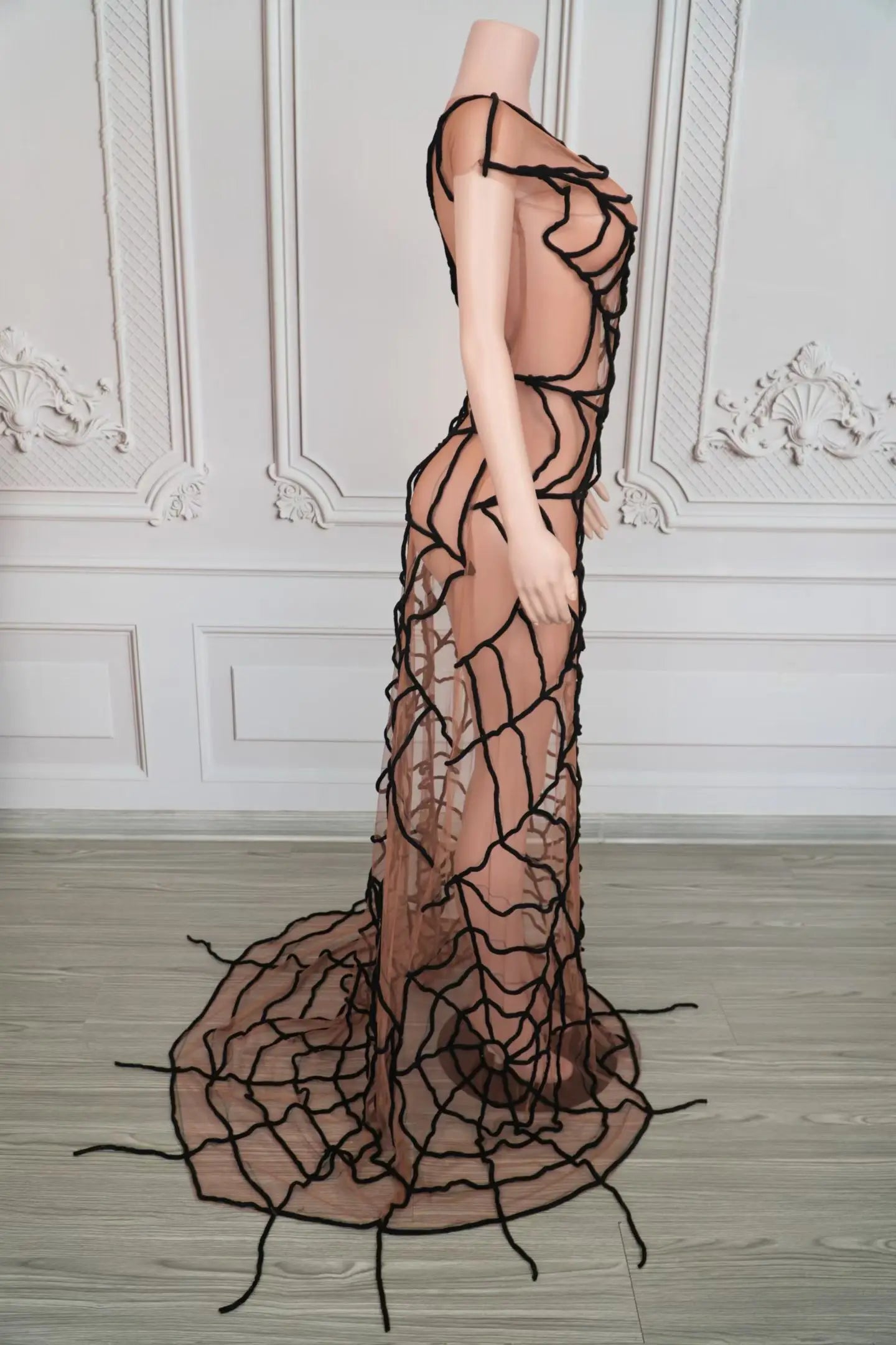 Dramatic Spider Web Crystal Mesh Floor-Length Sheath Dress Stage Costume