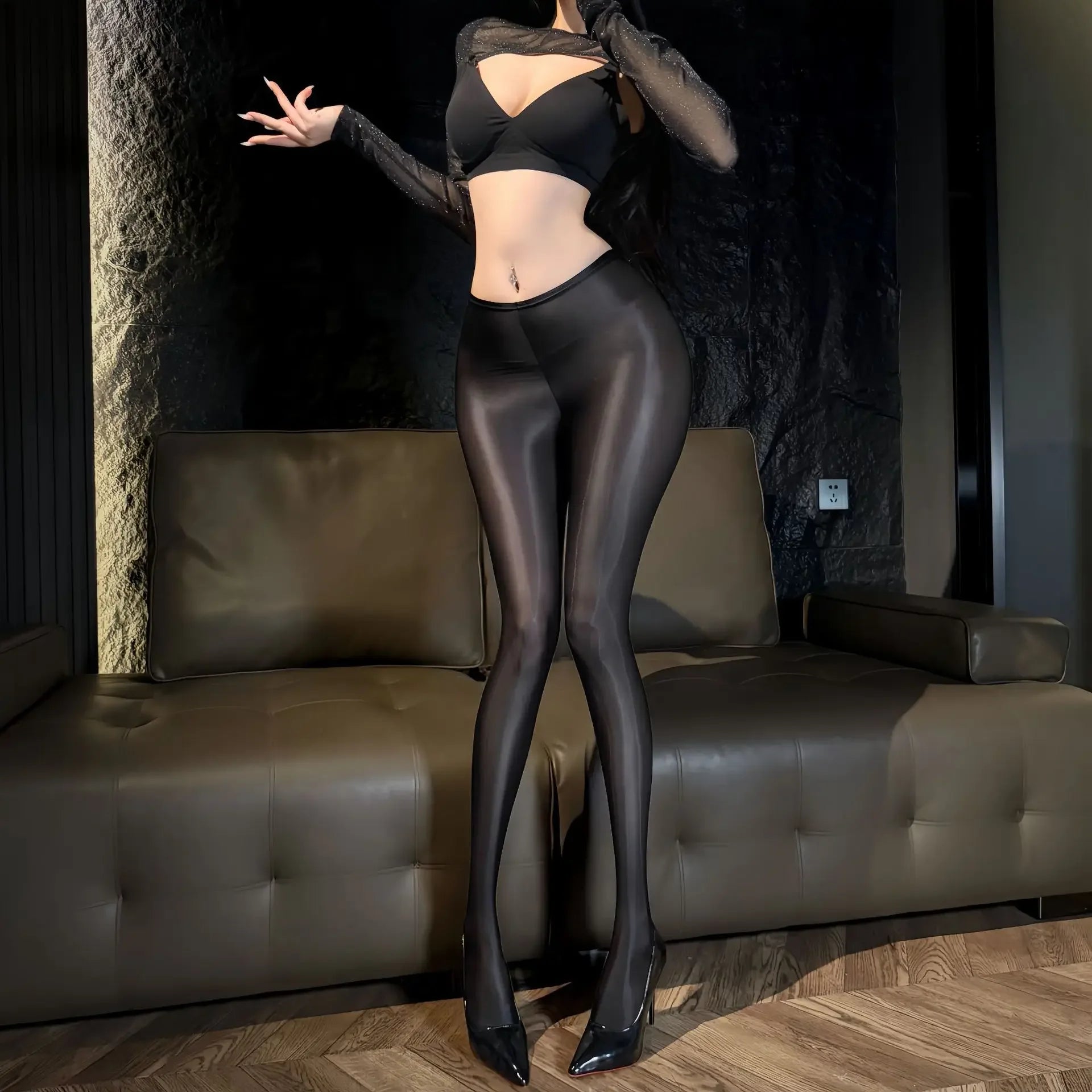 Sexy Women Thin Pencil Pants Low Waist Package Hip Elastic Tights Oil Shiny Glossy Slip Yoga Leggings Maid Shaping Trousers Plus