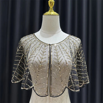 Sparkly Sequin & Beaded Leaf Mesh Capelet Evening Shawl Bolero Jacket