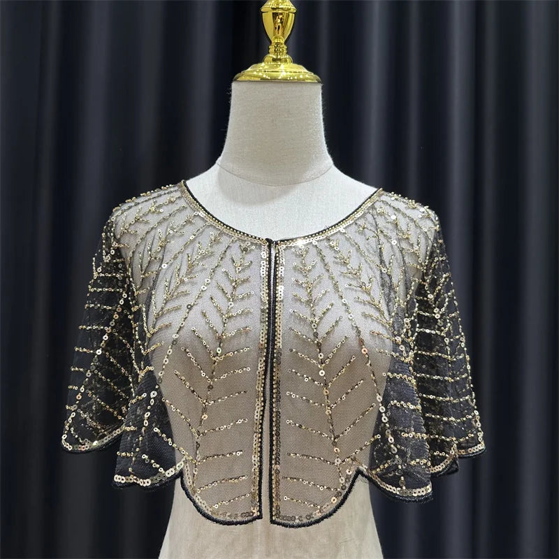 Sparkly Sequin & Beaded Leaf Mesh Capelet Evening Shawl Bolero Jacket