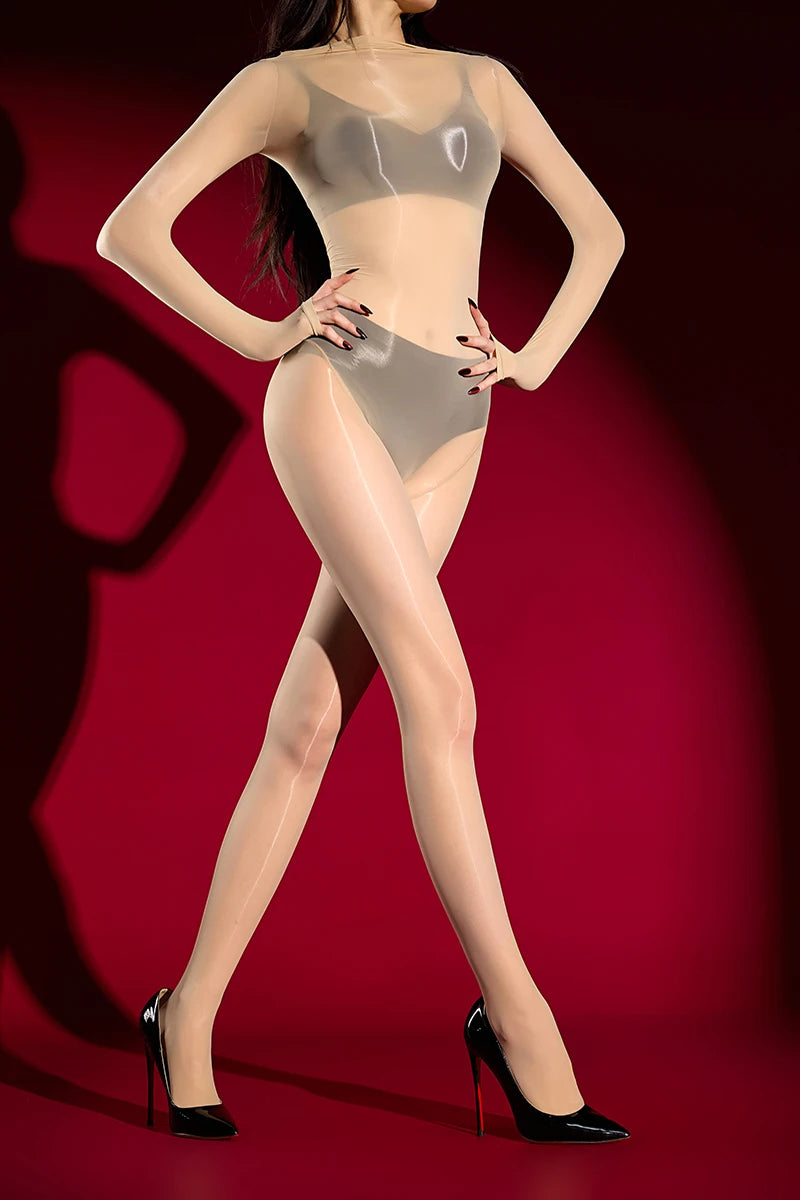 Women 3D 1000 Pin High Density Bodysuit Oil Glossy Shiny Elastic Tights Open Crotch Yoga Shaping Jumpsuit Maid Leotard Leggings