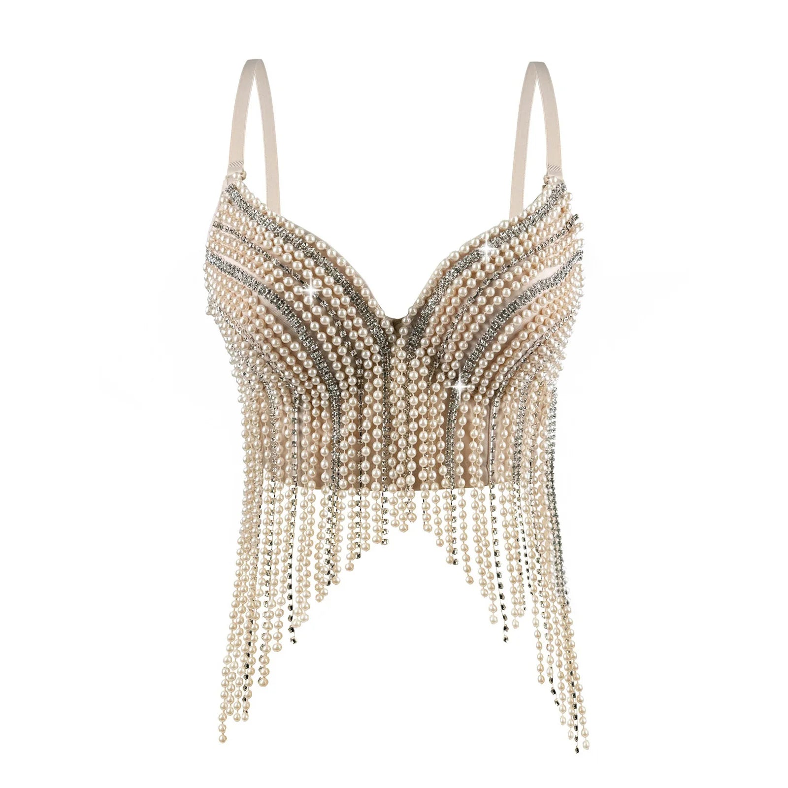 Rhinestone & Bead Tassel Push-Up Underwire Bustier Crop Top
